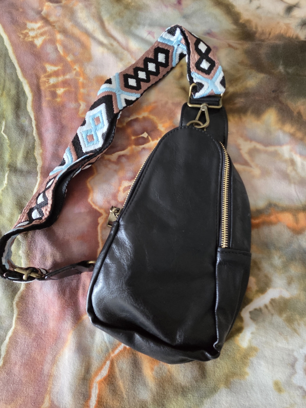 Black Leather Crossbody Sling Bag with Patterned Strap
